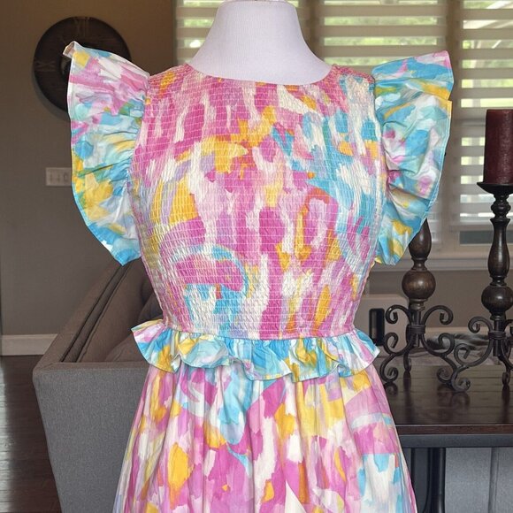 NWT Peach Love Dress Size Small Pink Blue White Floral Smocked Ruffle Maxi Midi - Picture 2 of 16